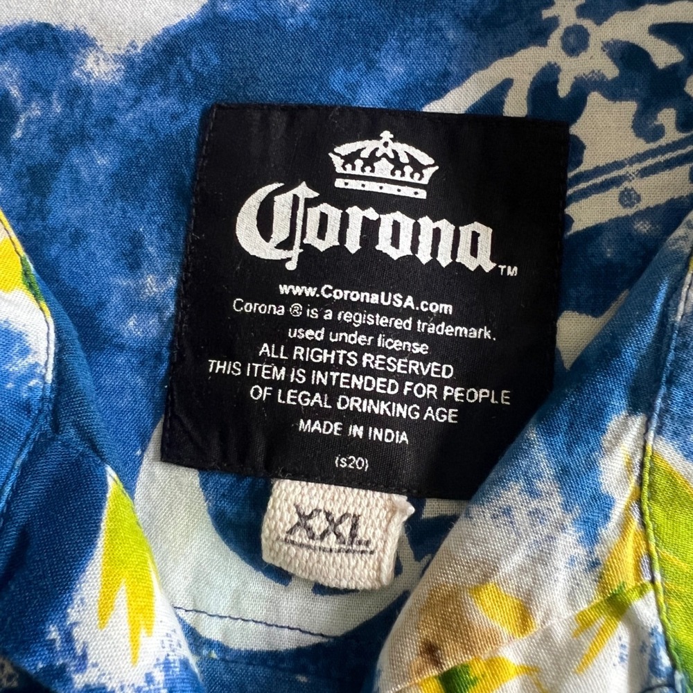 Corona‎ Hawaiian Shirt Tropical Palm Tree Button Down Mens XXL Blue Rayon Blend